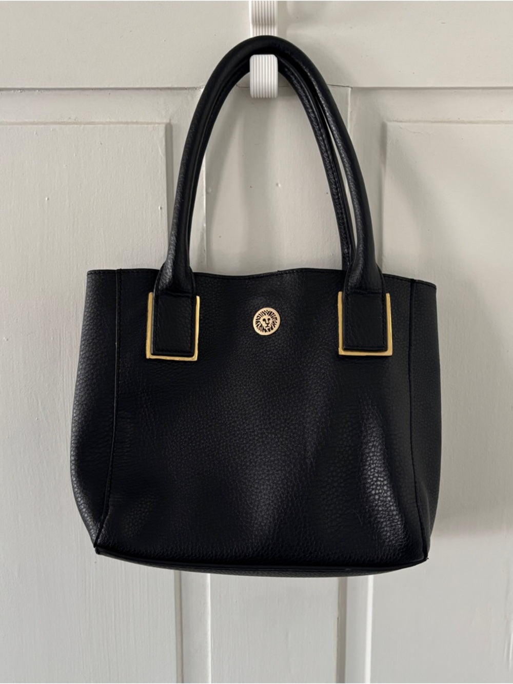 Anne Klein Black Pebbled Leather Bucket Tote Handbag with Gold Accent